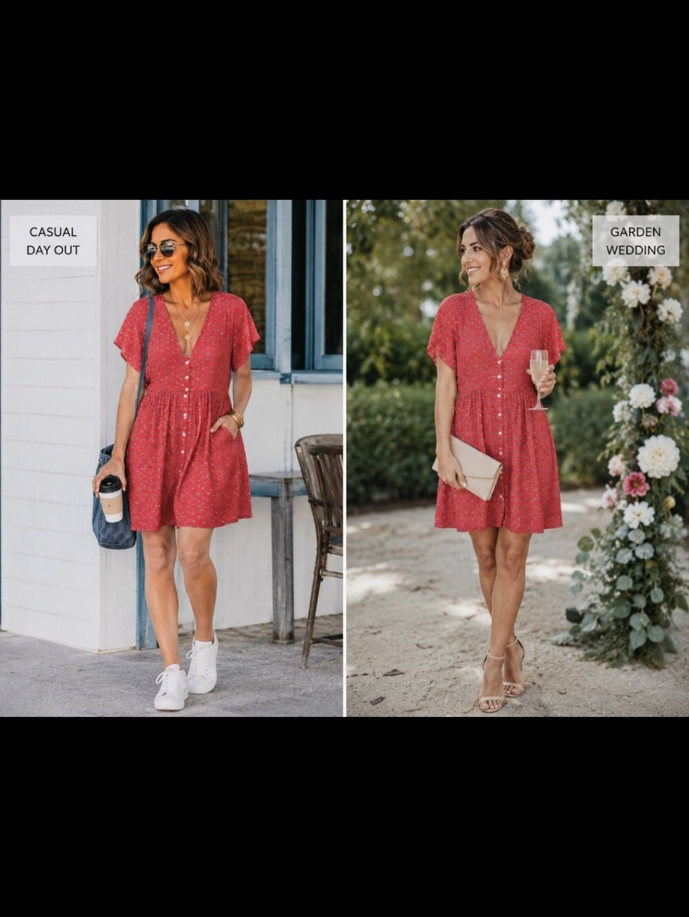 Women's Red V-Neck Button Front Short Dress